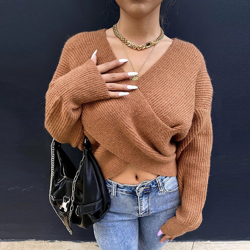 Women's Cropped Wrap Sweater in Textured Material