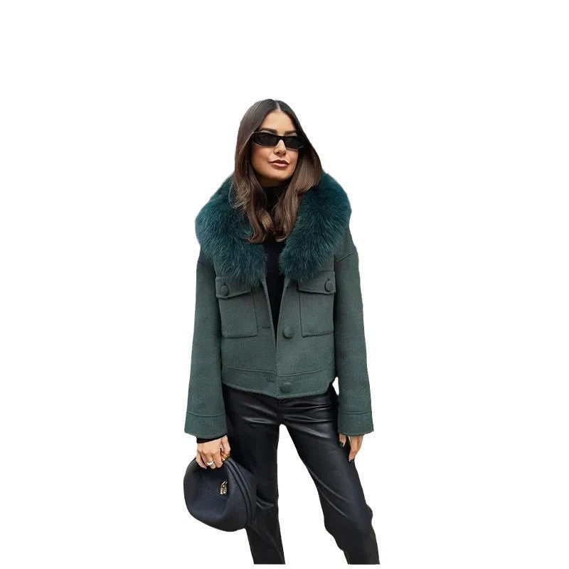 Elegant Wool Jacket with Faux Fur Collar