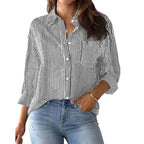 Casual Striped Shirt Blouse with Chest Pocket