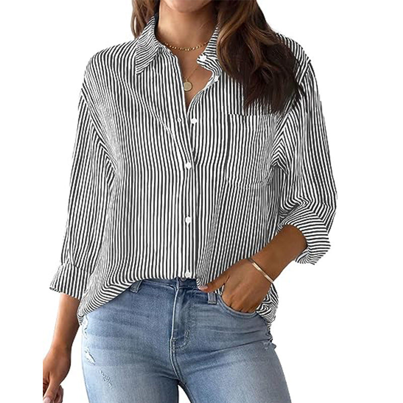 Casual Striped Shirt Blouse with Chest Pocket