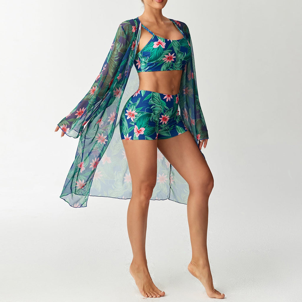 Women's Swim Set with Floral Top and Sheer Beach Cover-Up