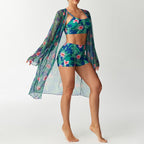 Women's Swim Set with Floral Top and Sheer Beach Cover-Up