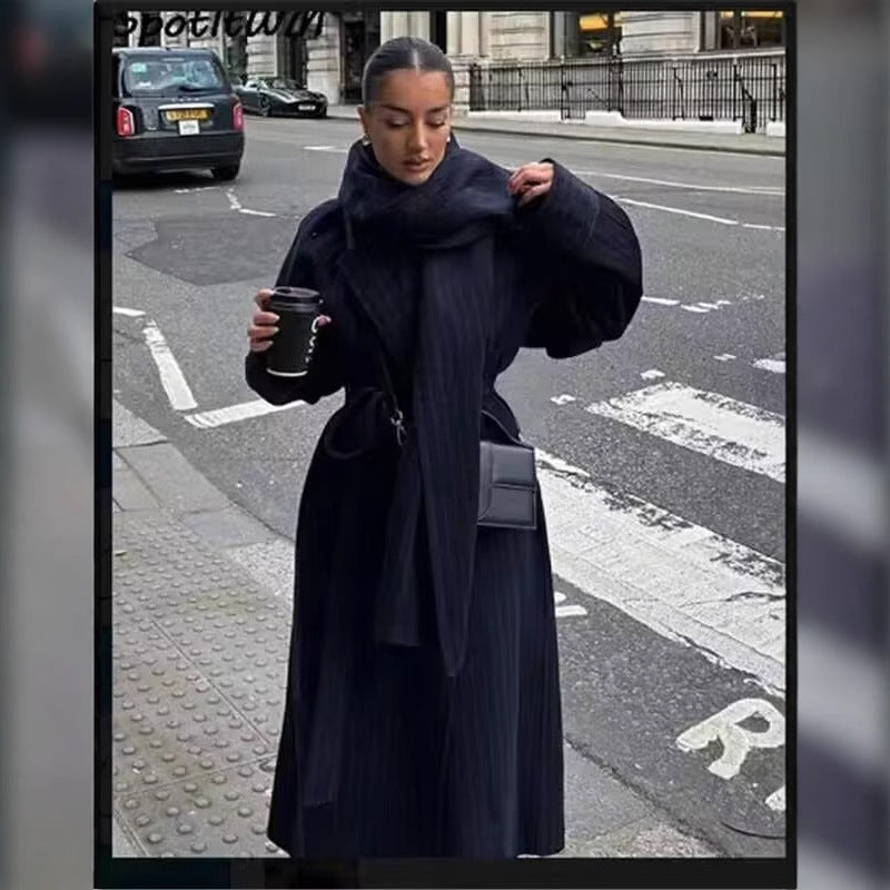 Women's Elegant Wrap Coat with Wide Collar and Tie Belt