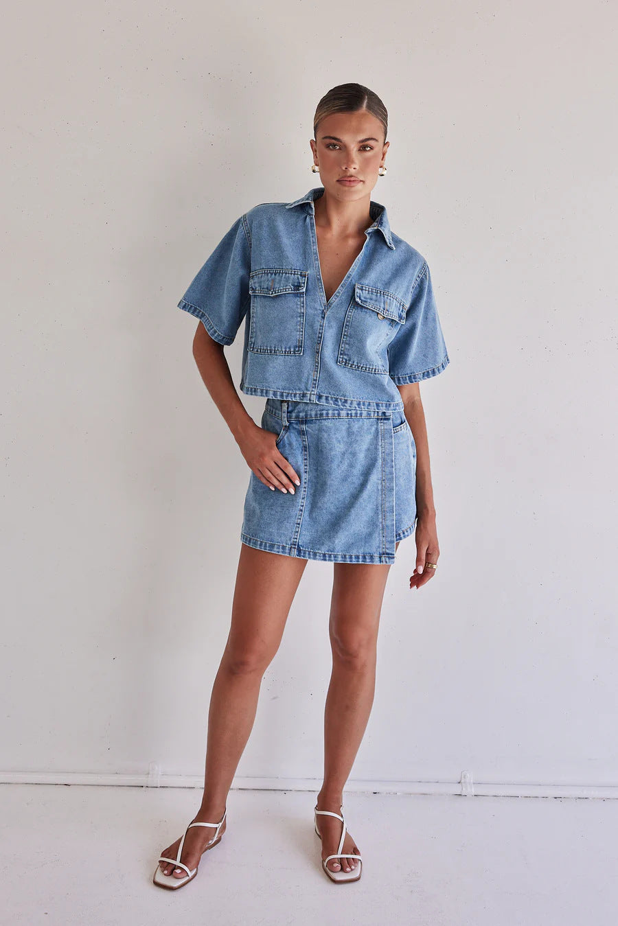 Denim Crop Shirt and Skirt Set