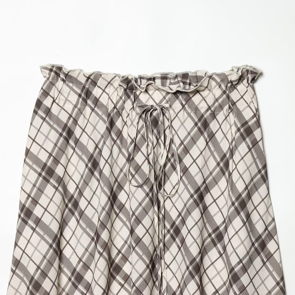 Women's Maxi Skirt with Casual Drawstring and Plaid Pattern