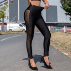 Women's High-Gloss Leggings with Transparent Mesh Inserts and Rhinestone Detail