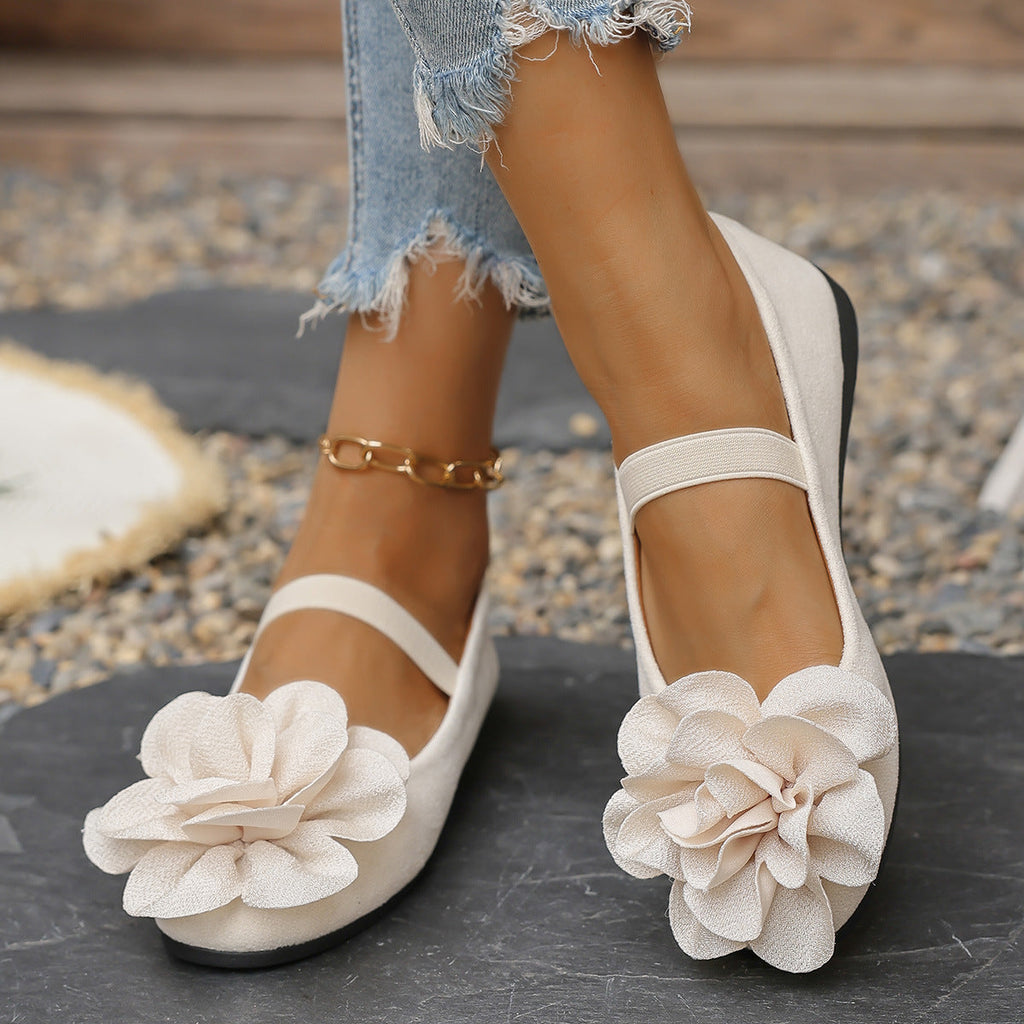 Women's Ballet Flats with Floral 3D Flower Design and Elastic Strap