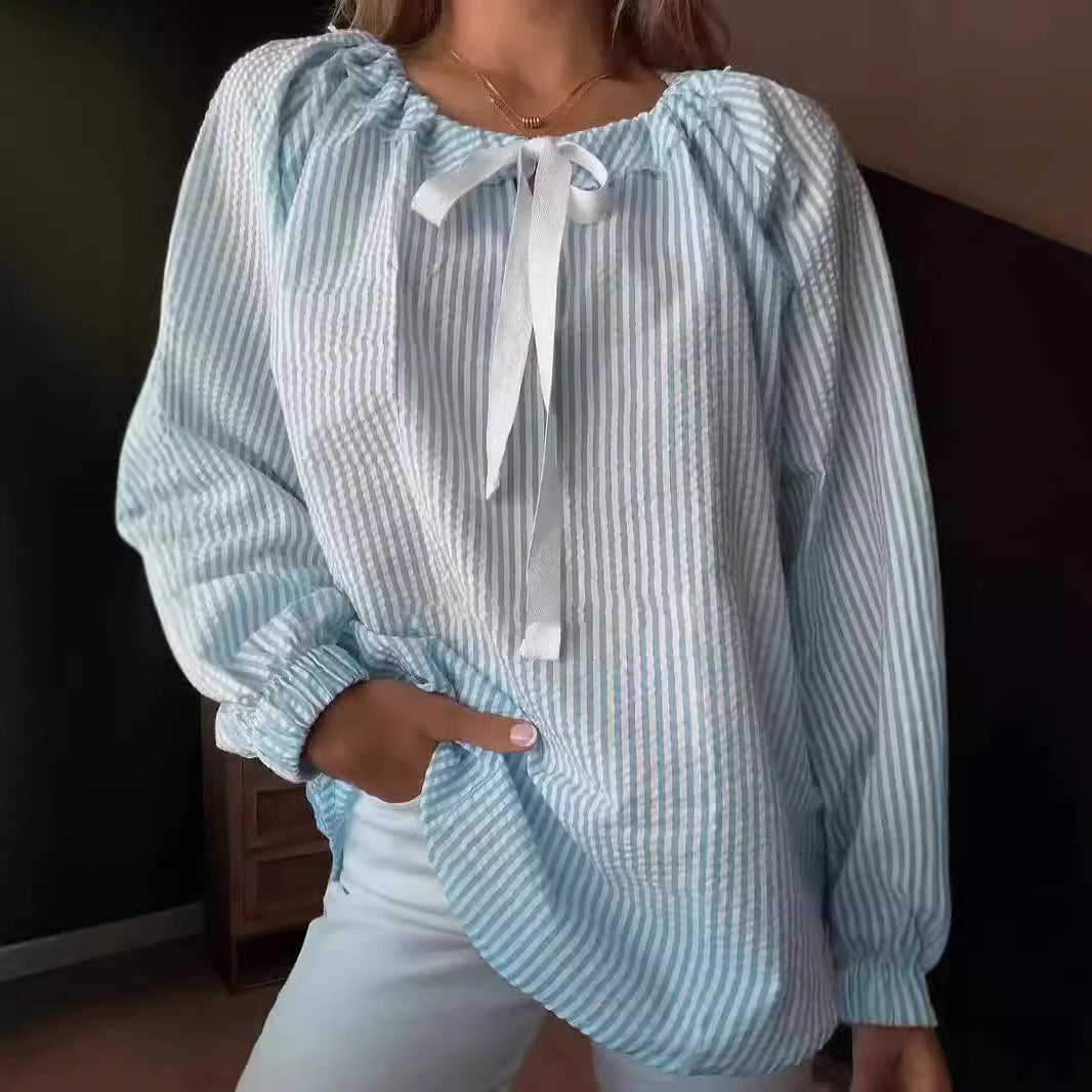 Blouse with Elastic Puff Sleeves and Decorative Tie