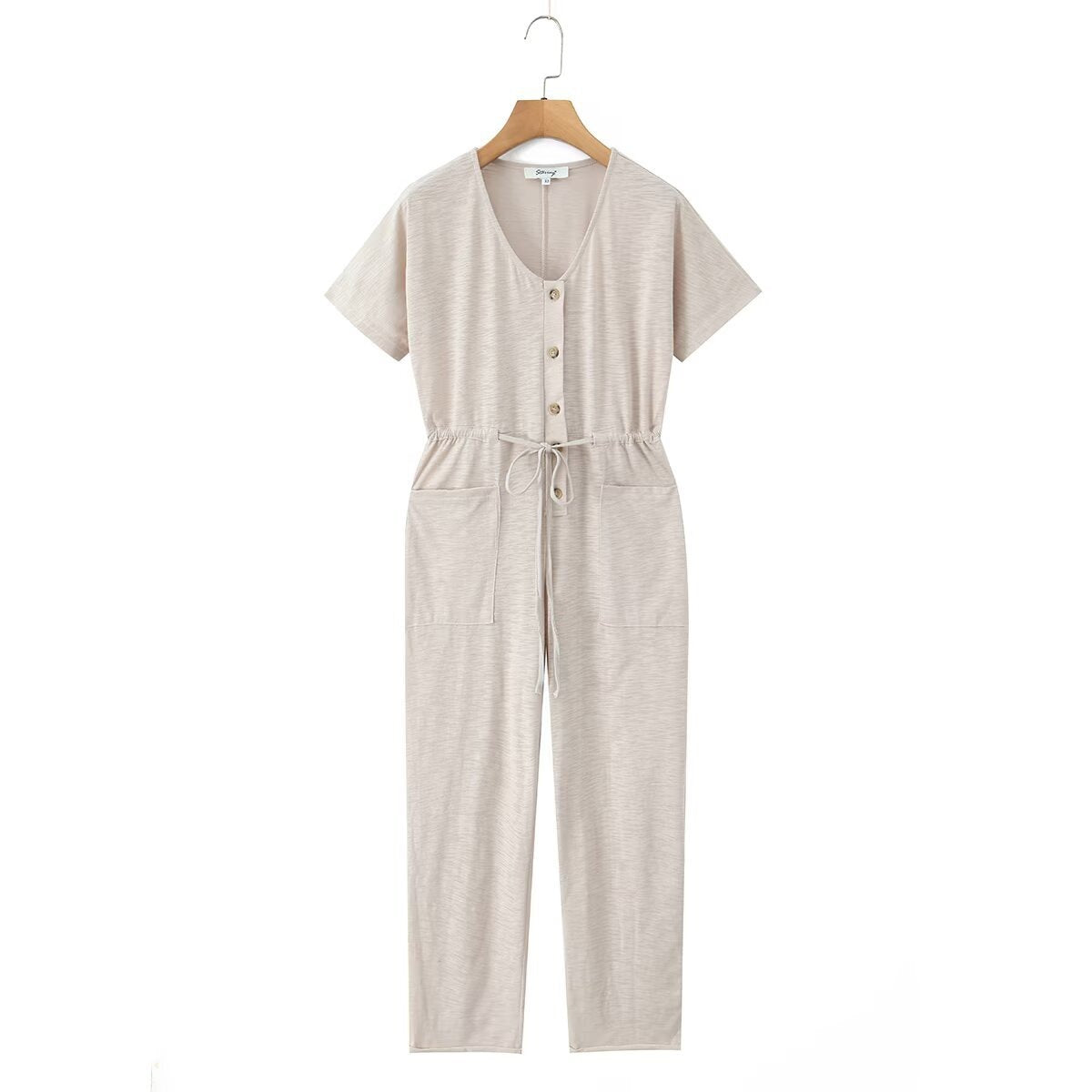 Women's Jumpsuit with Waist Drawstring and Practical Pockets