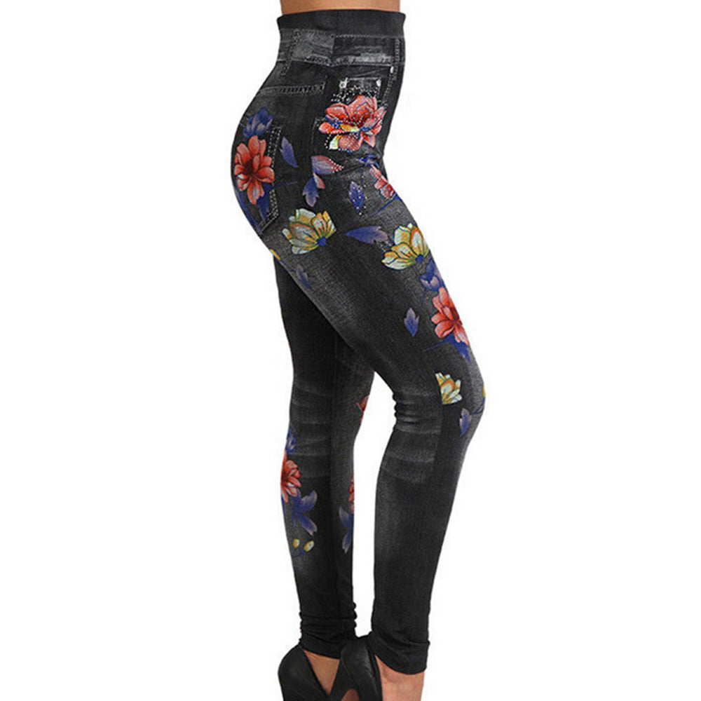 Women's High-Waisted Jeans-Look Leggings with Floral Motif
