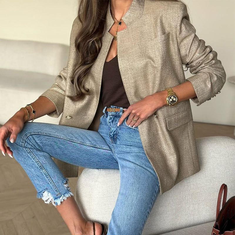Women's Elegant Blazer Jacket with Textured Surface and Modern Details