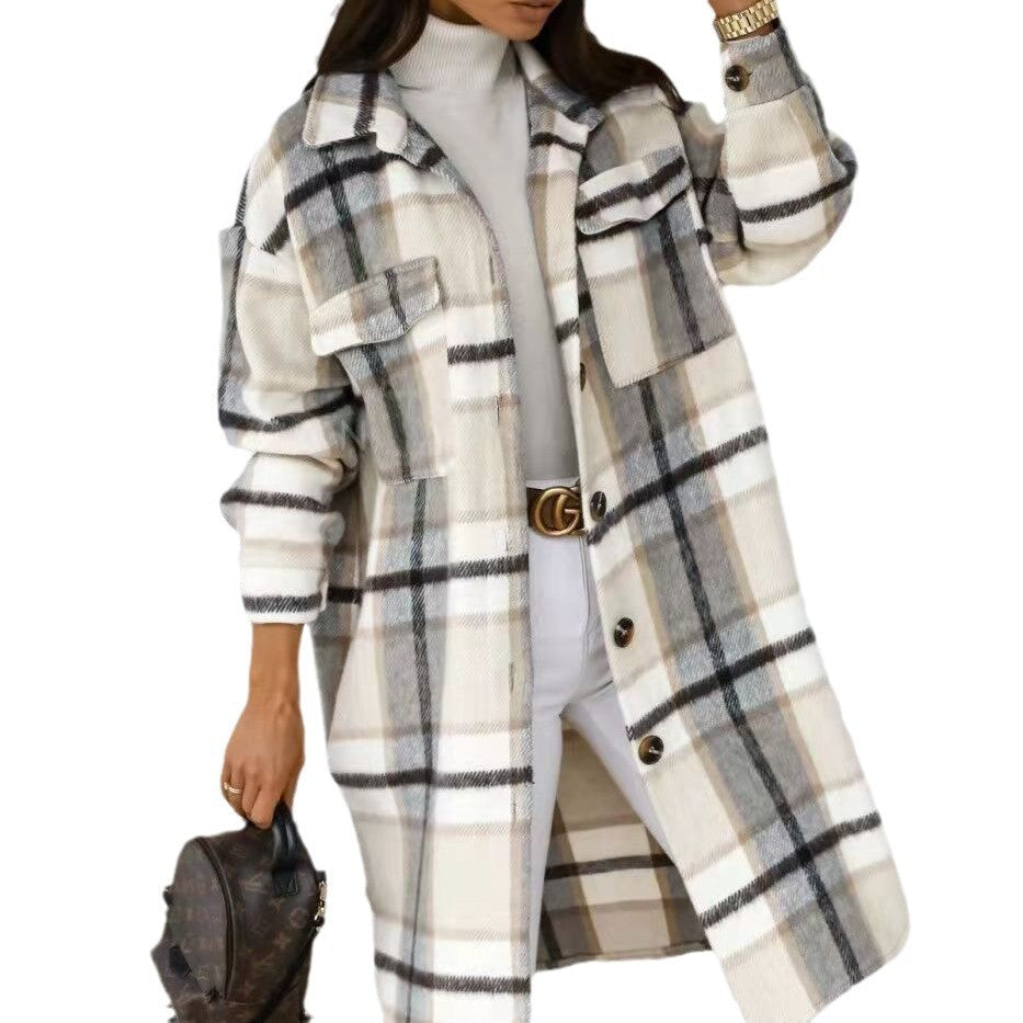 Women's Plaid Oversized Shirt Coat with Pockets