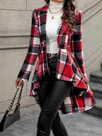 Elegant and Flowing Plaid Jacket with Asymmetric Hem