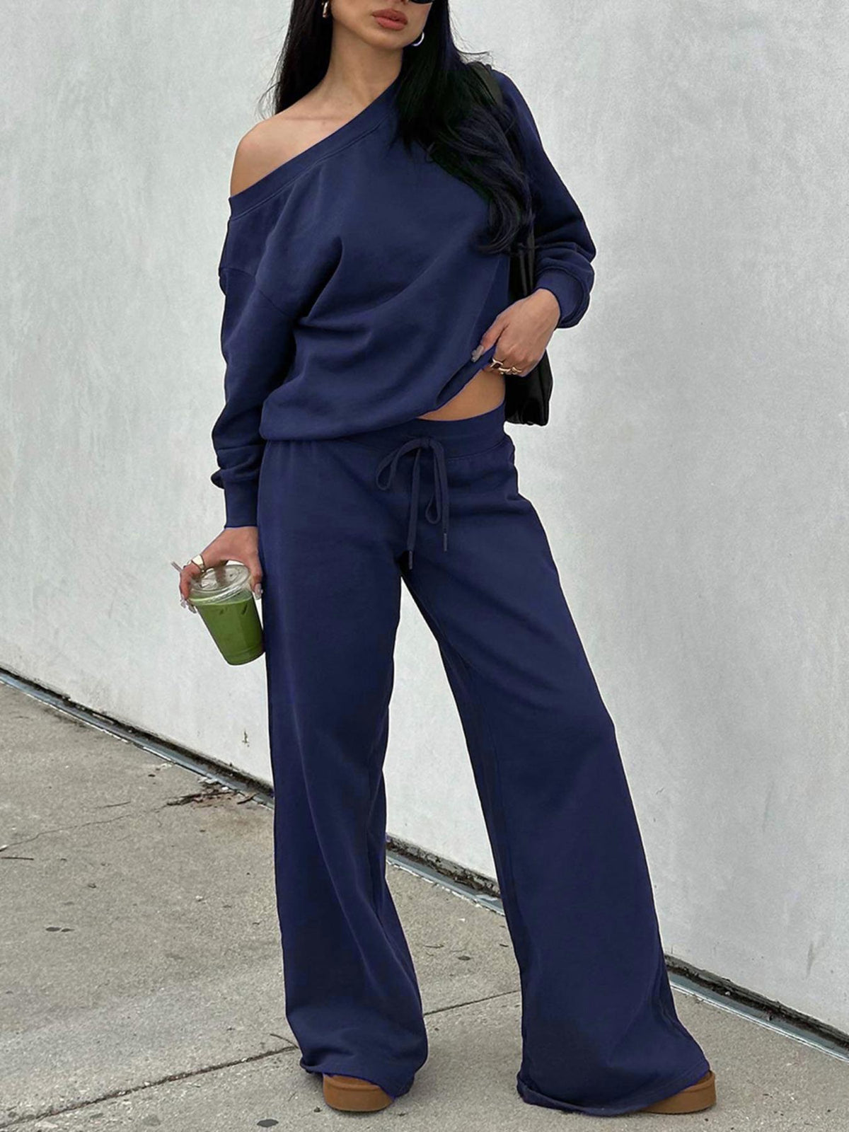 Women's Casual Off-Shoulder Lounge Set with Wide Legs and Drawstring