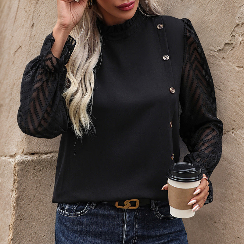 Women's Blouse with Elegant Sheer Sleeves and Button Details