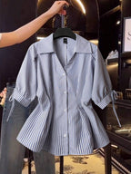 Women's Blouse with Elegant Ruffle Details and Striped Pattern