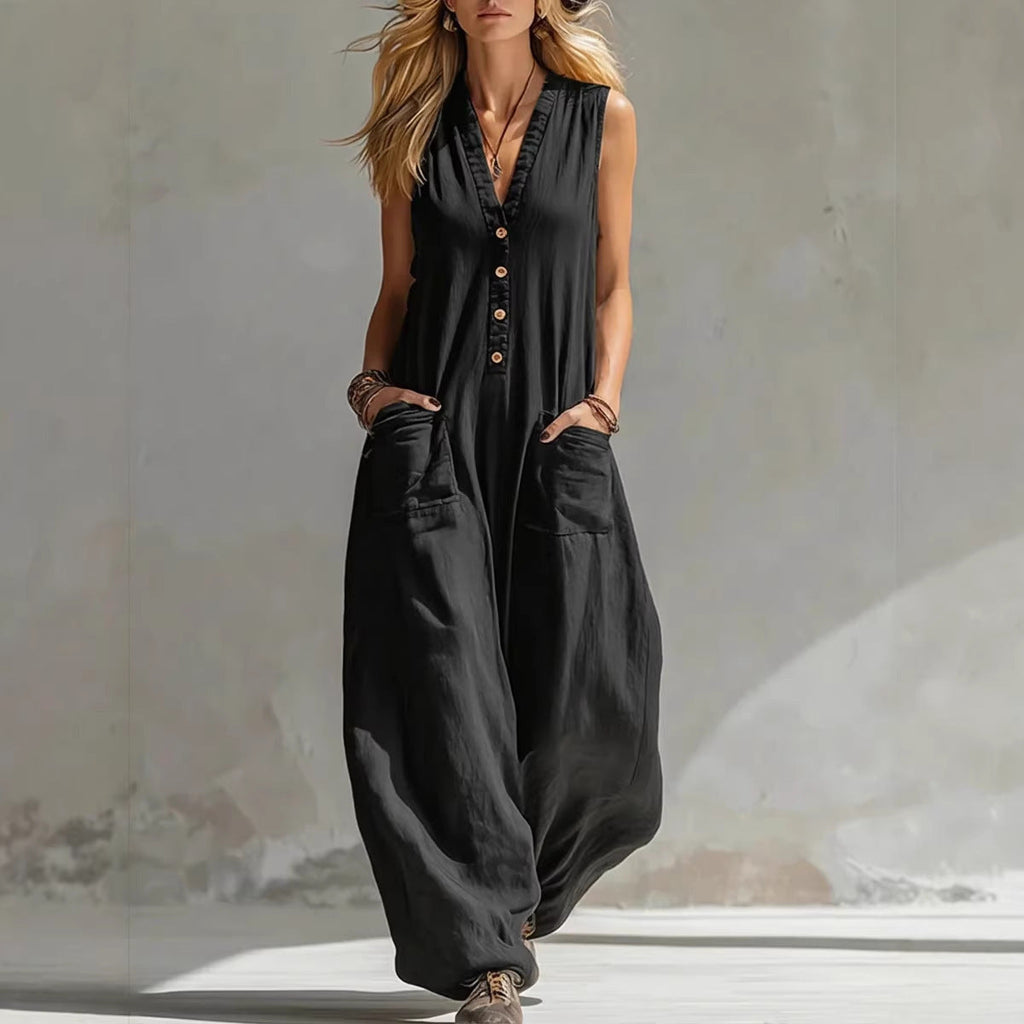 Women's Jumpsuit with Deep V-Neck and Pockets