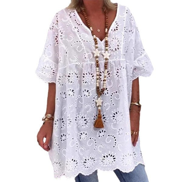 Women's Blouse with Floral Embroidery and Wide Sleeves