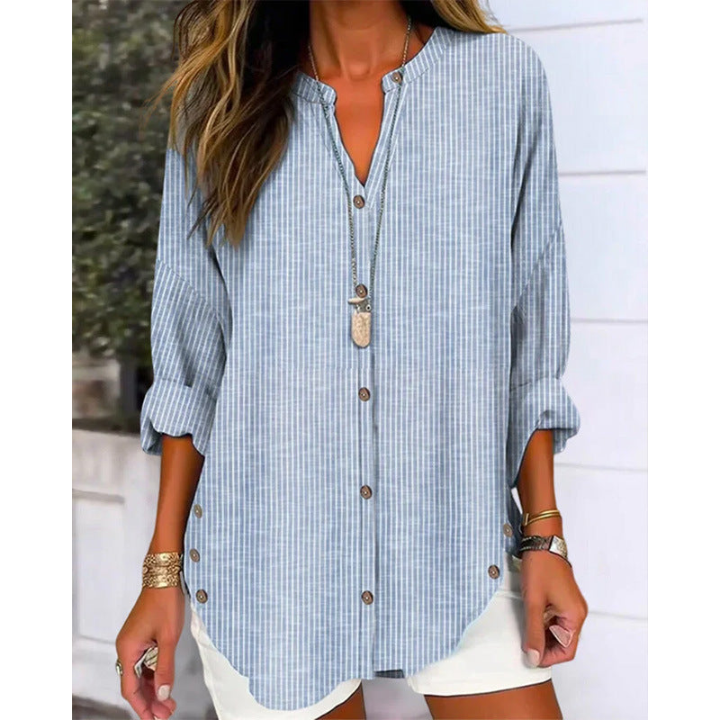 Women's Long-Sleeve Button-Front Blouse with Asymmetrical Hem