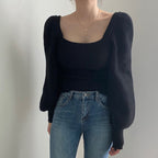 Women's Cropped Sweater with Voluminous Sleeves and Ribbed Texture