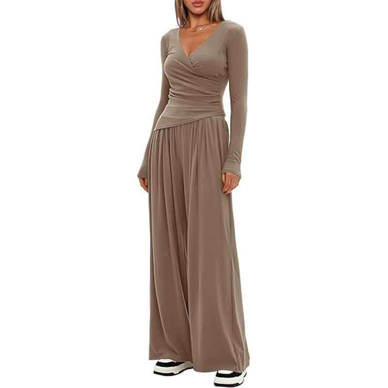 Women's Elegant Wrap Jumpsuit with Wide Leg and Fashionable Details