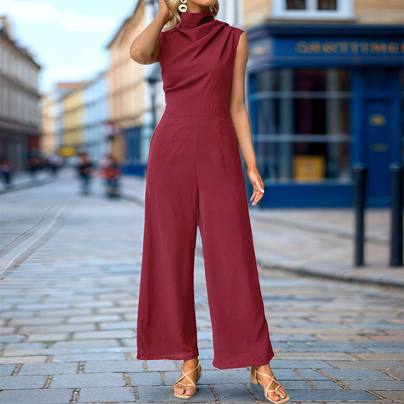Elegant Women's Jumpsuit with Waterfall Neckline and Wide Leg