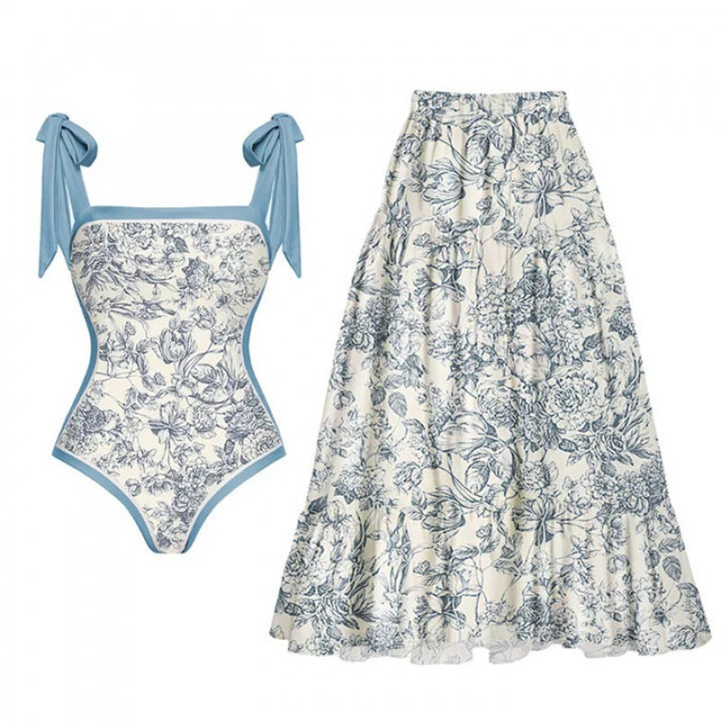 Women's Swimsuit Set with Elegant Wrap Skirt and Fashionable Bows