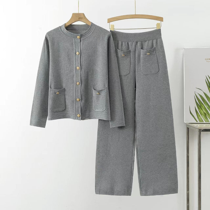 Women's Cozy Knit Loungewear Set with Button Detail and Patch Pockets