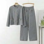 Women's Cozy Knit Loungewear Set with Button Detail and Patch Pockets