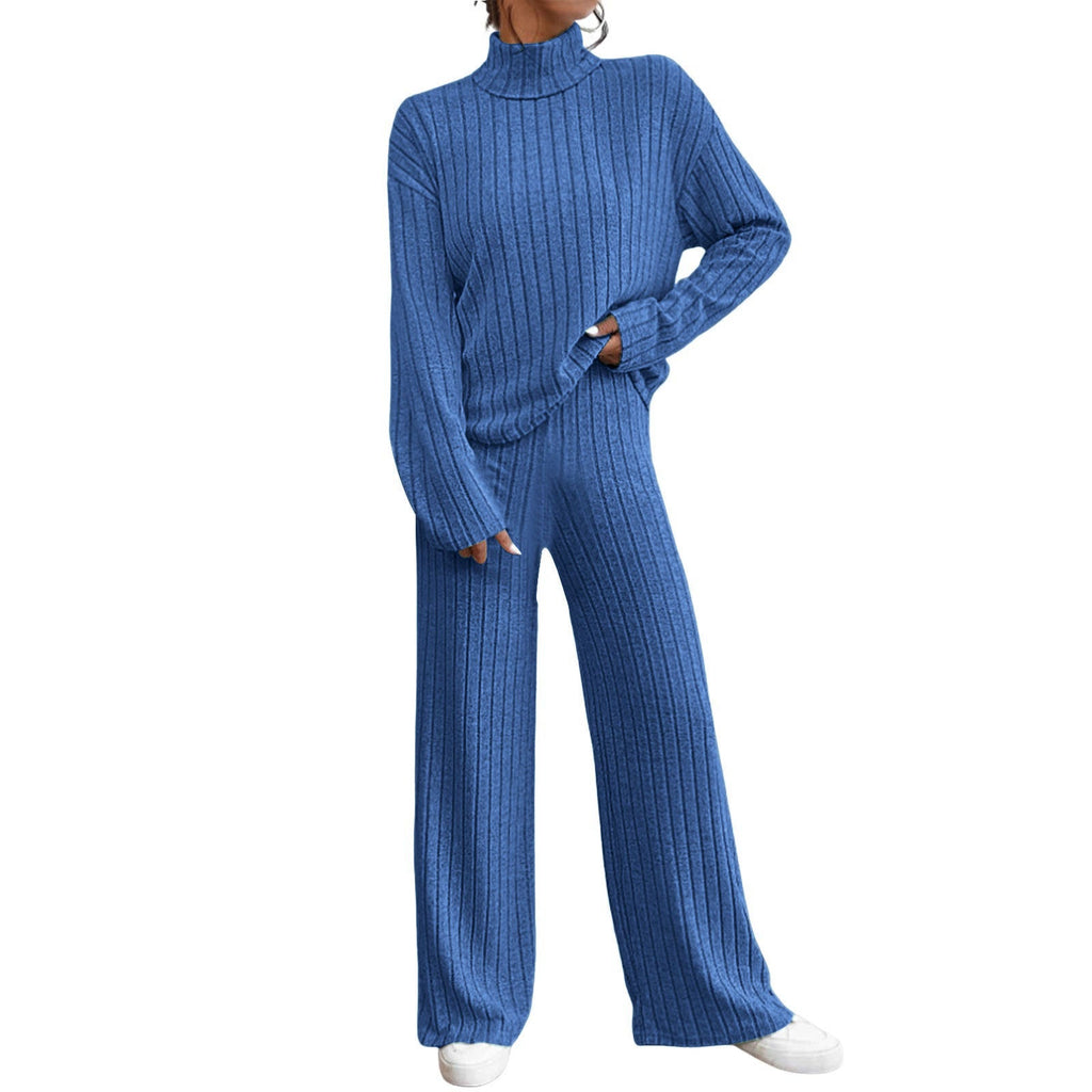 Women's Chunky Knit Two-Piece Set with High Collar and Wide Cut