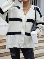 Women's Chunky Knit Cardigan with Fashionable Stripes