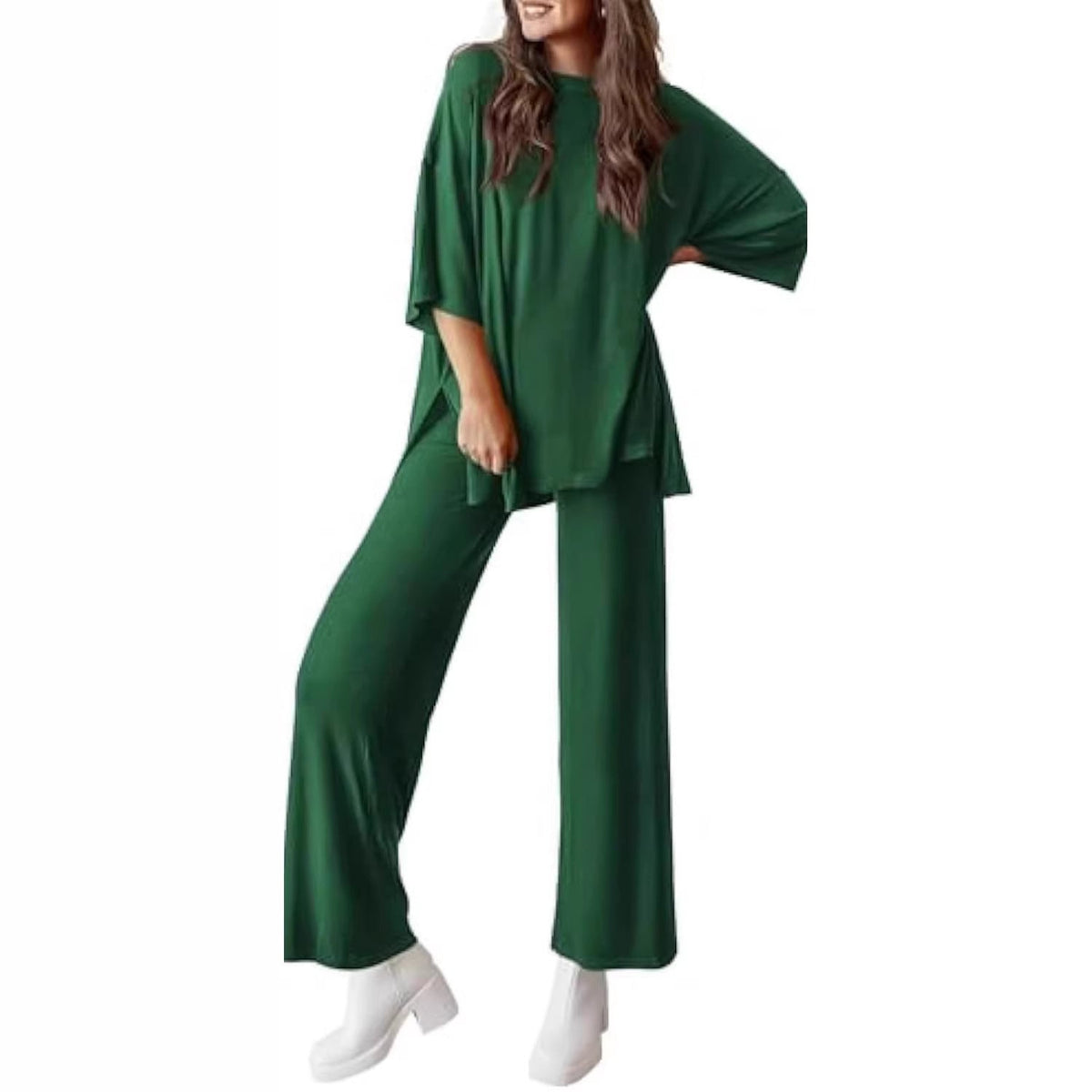 Women's Casual Lounge Set in Soft Jersey with Oversized Tunic and Wide Palazzo Pants