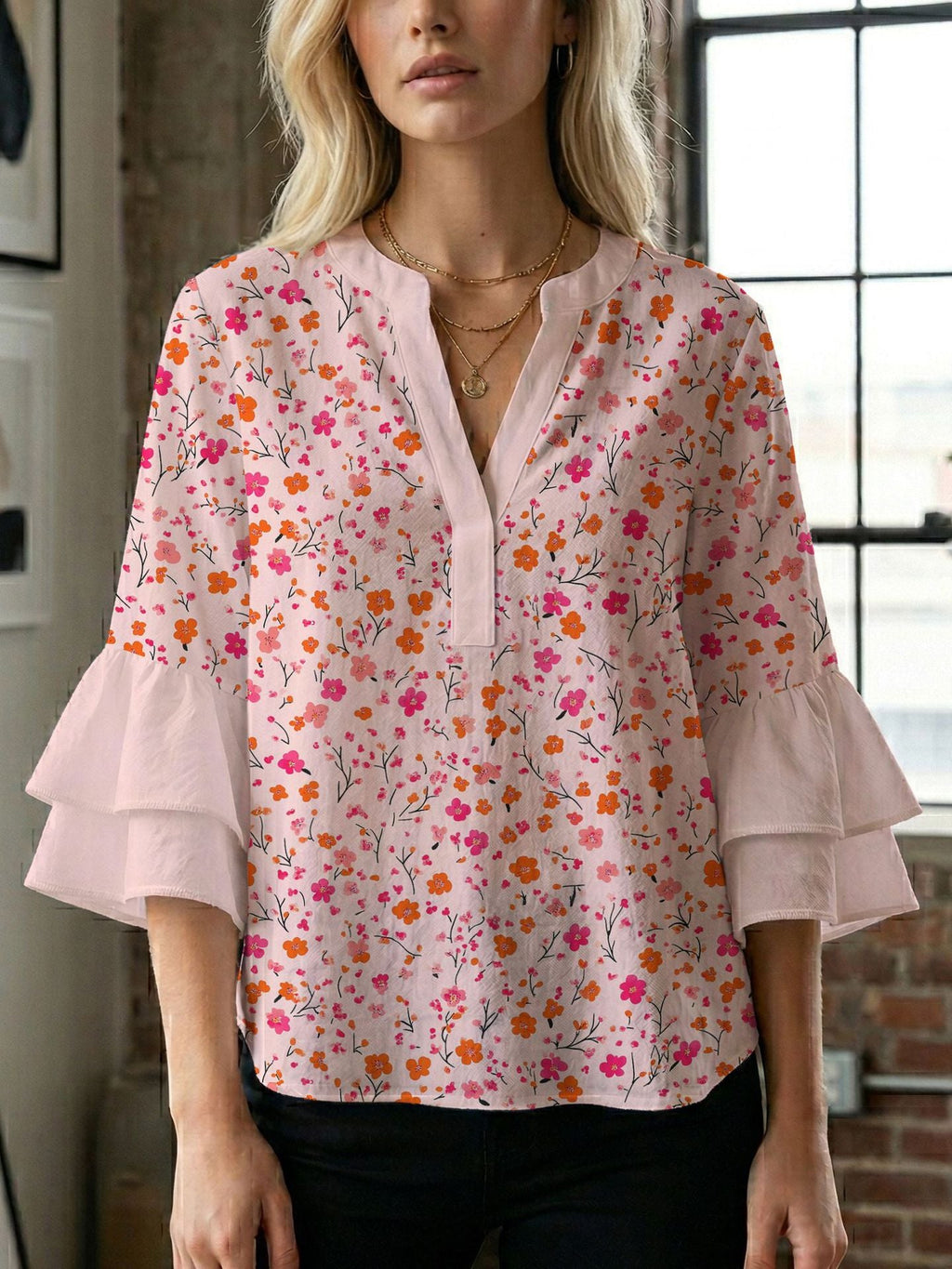 Women's Blouse Shirt with Voluminous Sleeves and Creative Print Design