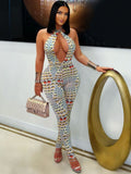 Women's Bodycon Jumpsuit with Deep V-Neck and Exclusive Pattern