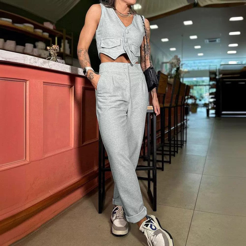 Women's Fashionable Two-Piece Set with Button Plackets and High Waist