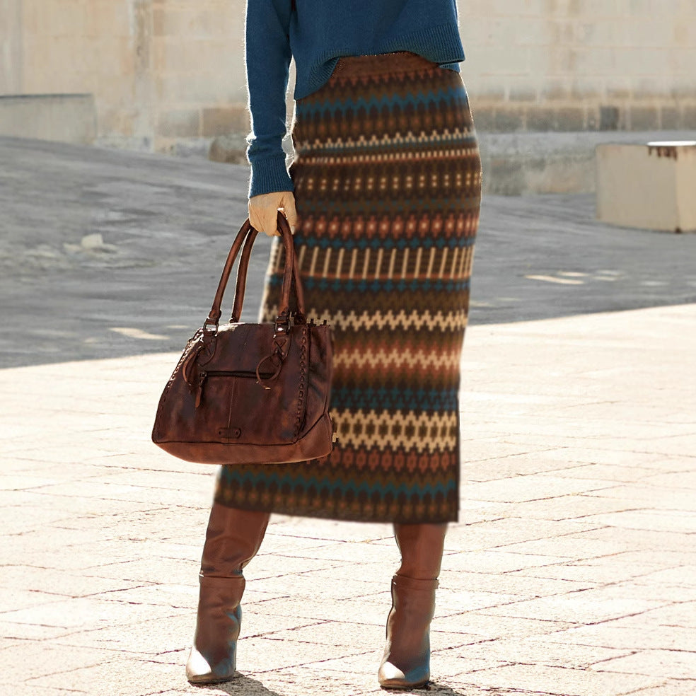 Women's Maxi Skirts with Modern Ethnic Pattern and Elastic Waistband