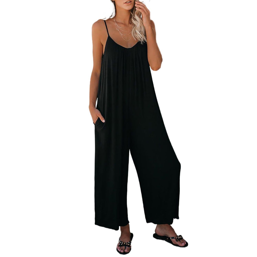 Women's Casual Summer Jumpsuit with Deep Neckline and Pockets