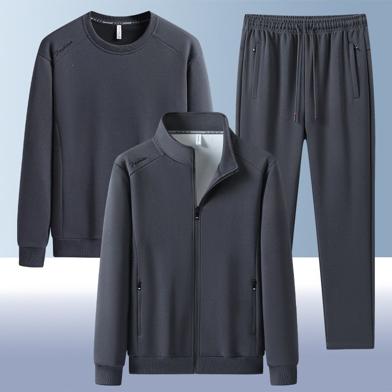 Men's two-piece training set with stand-up collar zip jacket, round neck sweatshirt, and tapered jogging pants