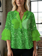 Casual Blouse with Ruffle Sleeves and Botanical Print