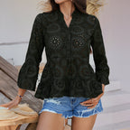 Women's Blouse with Eyelet Pattern and Flared Sleeves