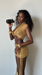 Women's Glittering Festival Outfit with Short Skirt and Bandeau Top