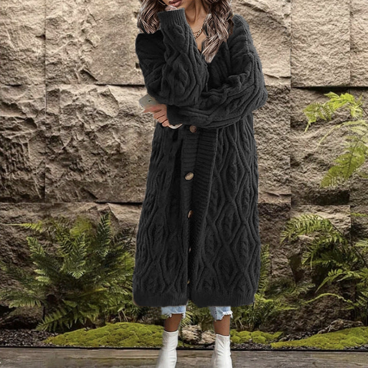 Women's Chunky Knit Coat with Elegant Cable Knit Structure and Buttons