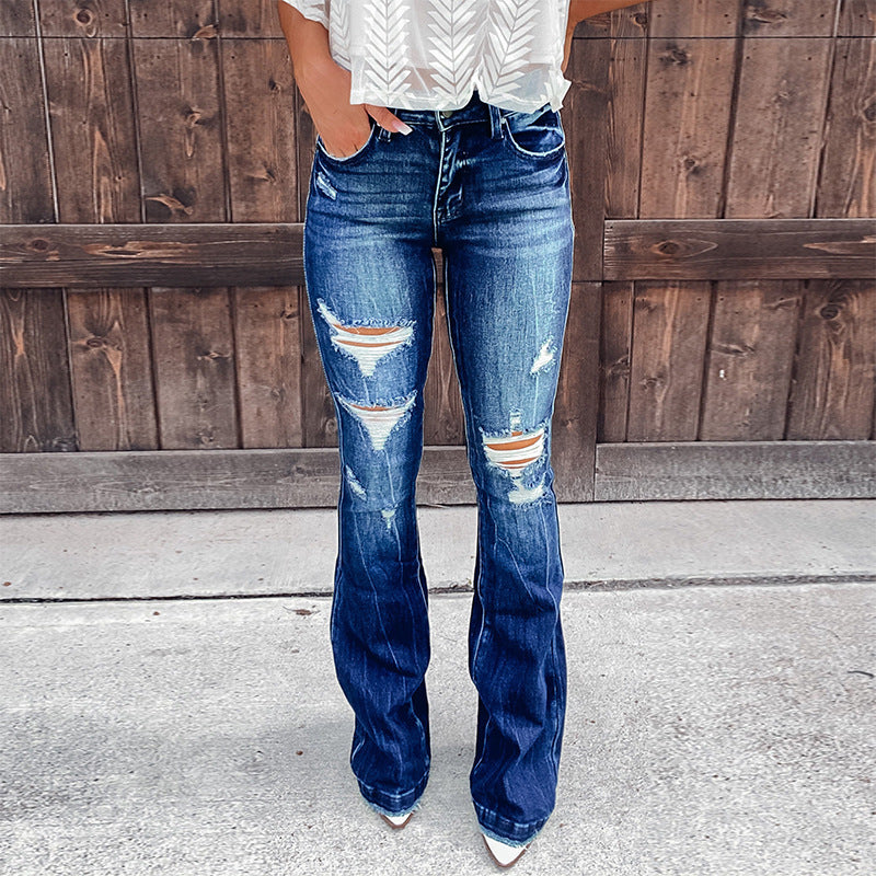 Women's Flared Jeans with Distressed Details and High Waist