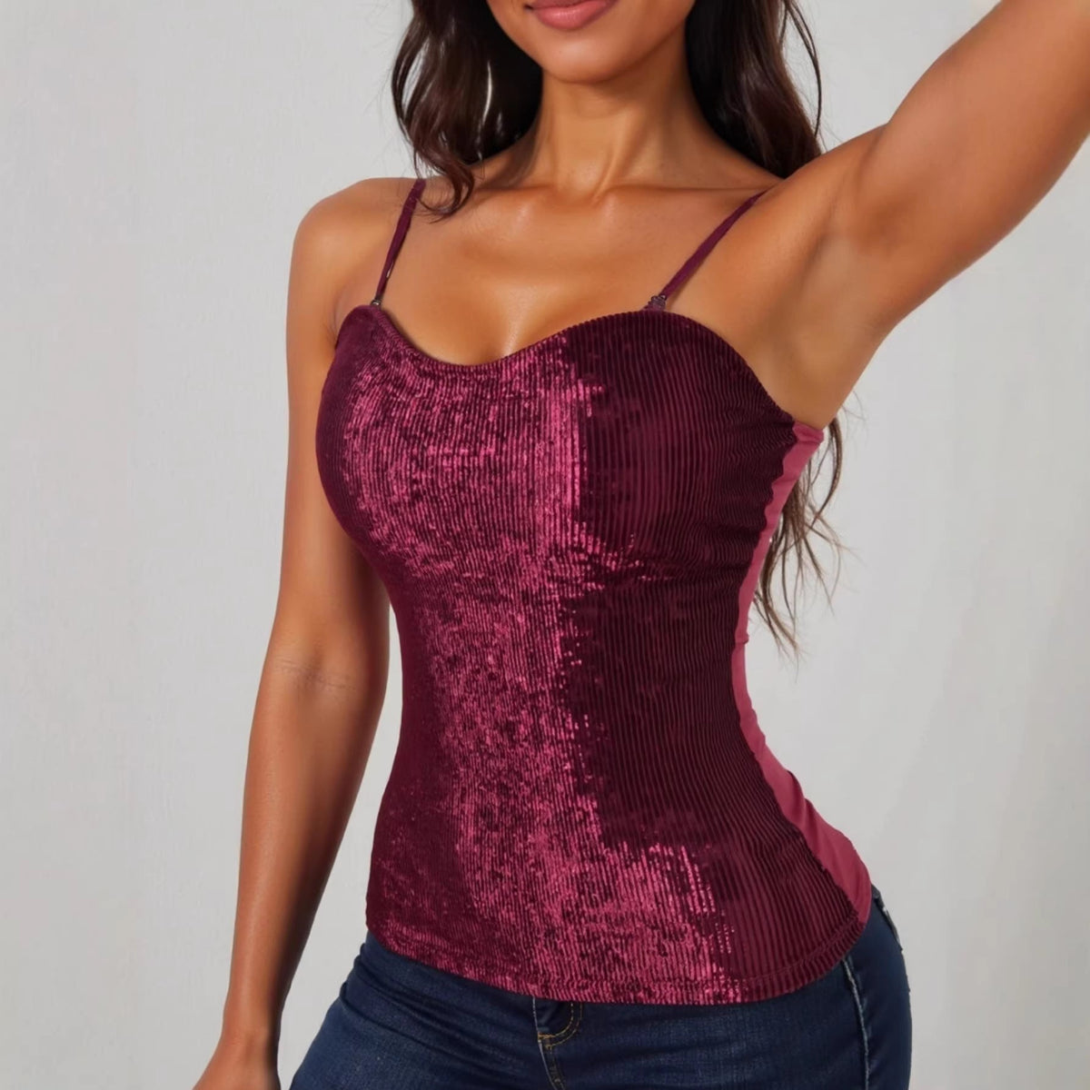 Women's Elegant Spaghetti Strap Shirt with Luxurious Sequins and Fine Rib Knit