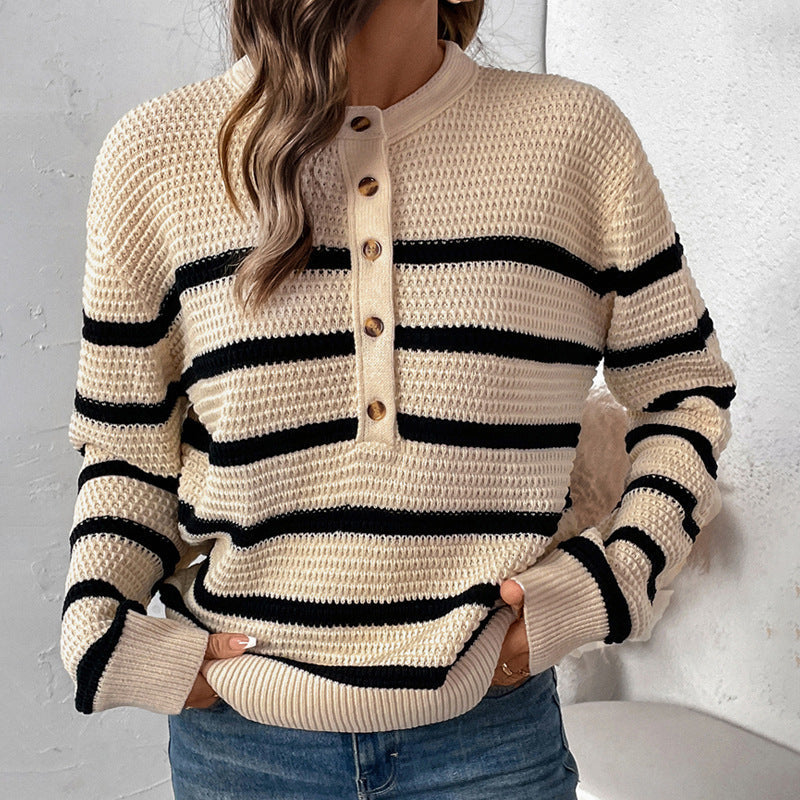 Women's Striped Knit Sweater with Button Placket and Casual Fit