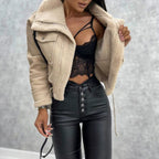 Women's Cropped Faux Leather Jacket with Cozy Teddy Lining