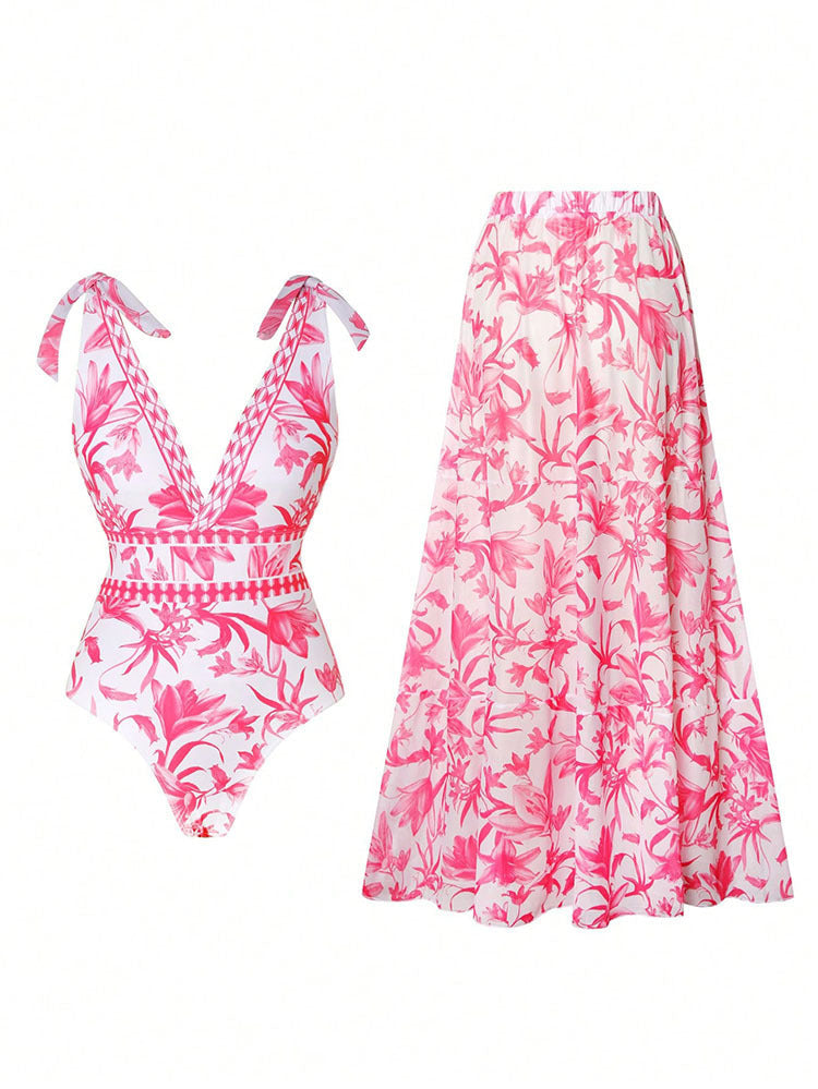 Women's Swimsuit with Floral Design and Matching Skirt