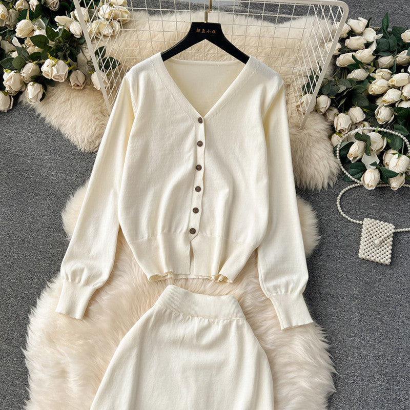 Women's Elevated Knit Set with V-Neck and Button Placket