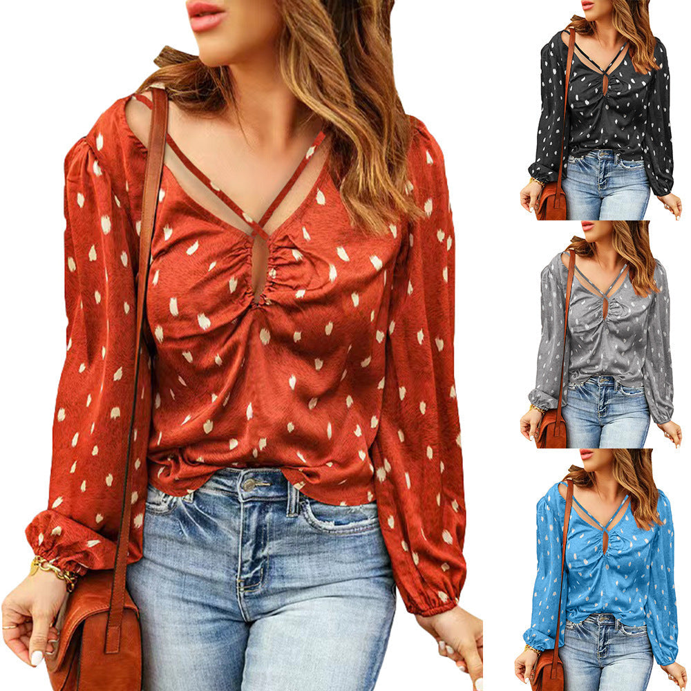 Women's Blouse with Decorative Neckline and Long Sleeves