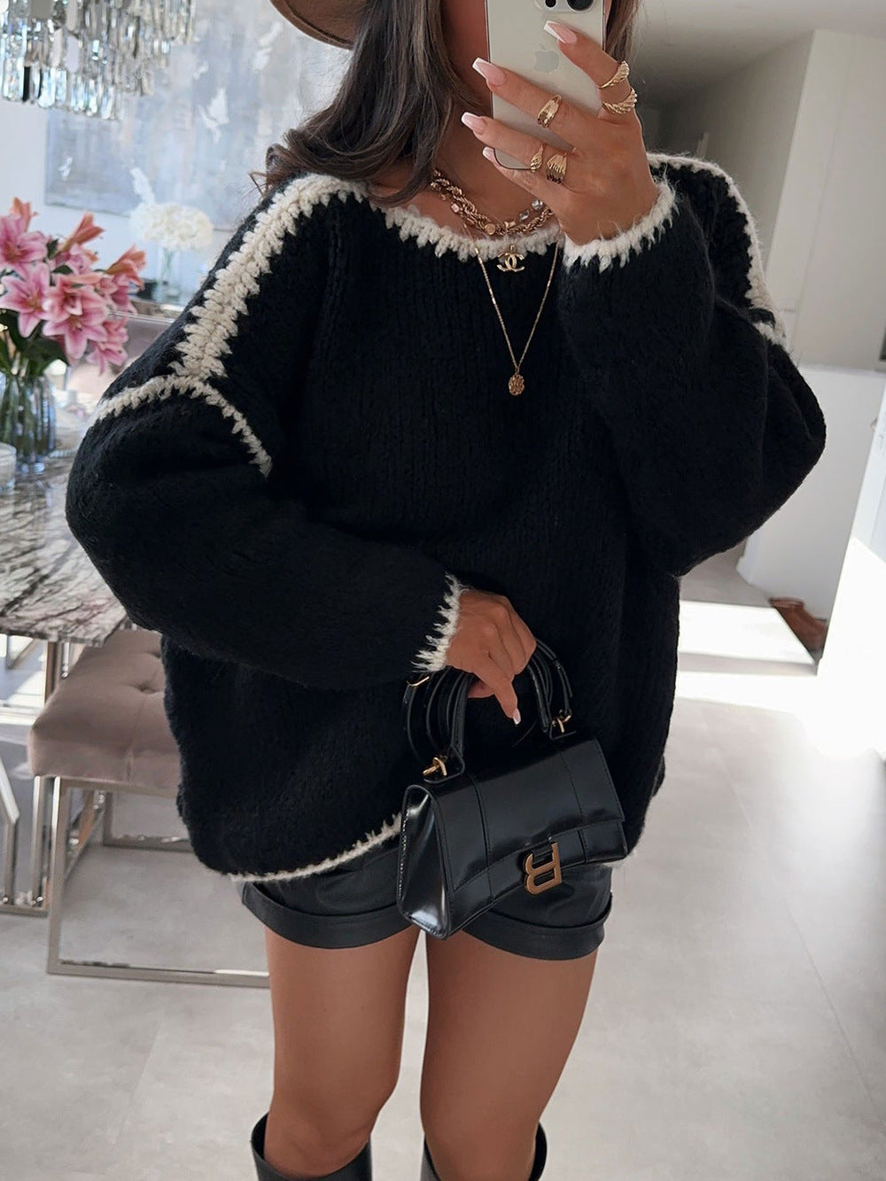 Women's Chunky Knit Sweater with Contrast Trim and Loose Fit